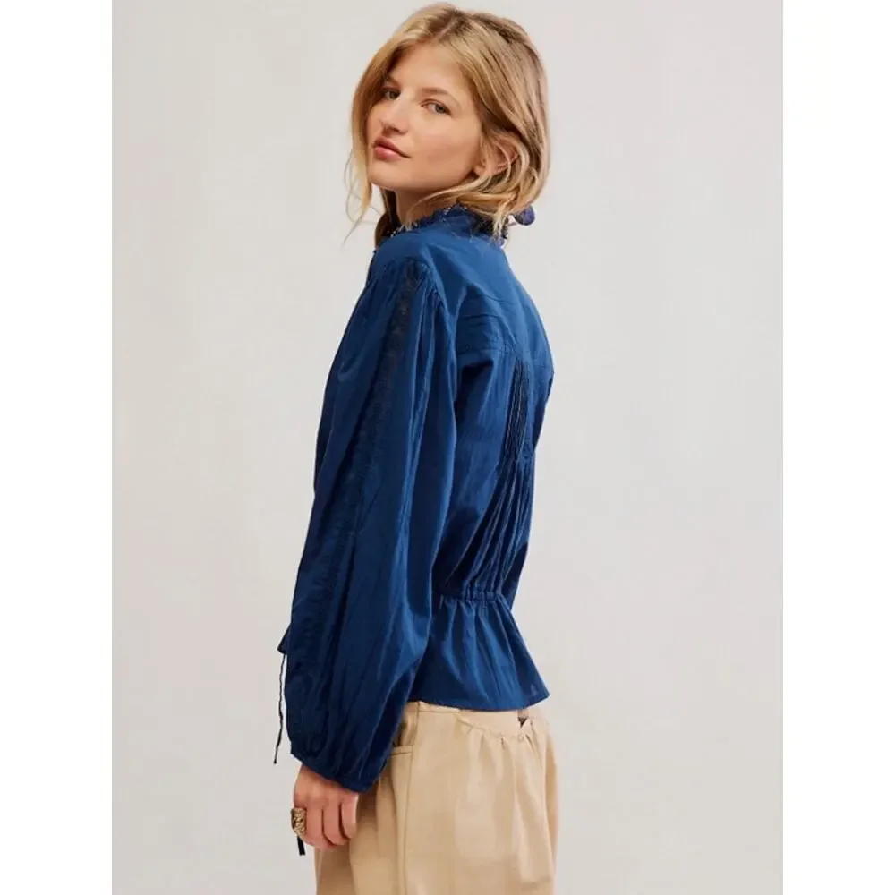 Free People Bohemian Edwardian Dainty Lace Best Of Me Blouse Big Dipper Blue XL